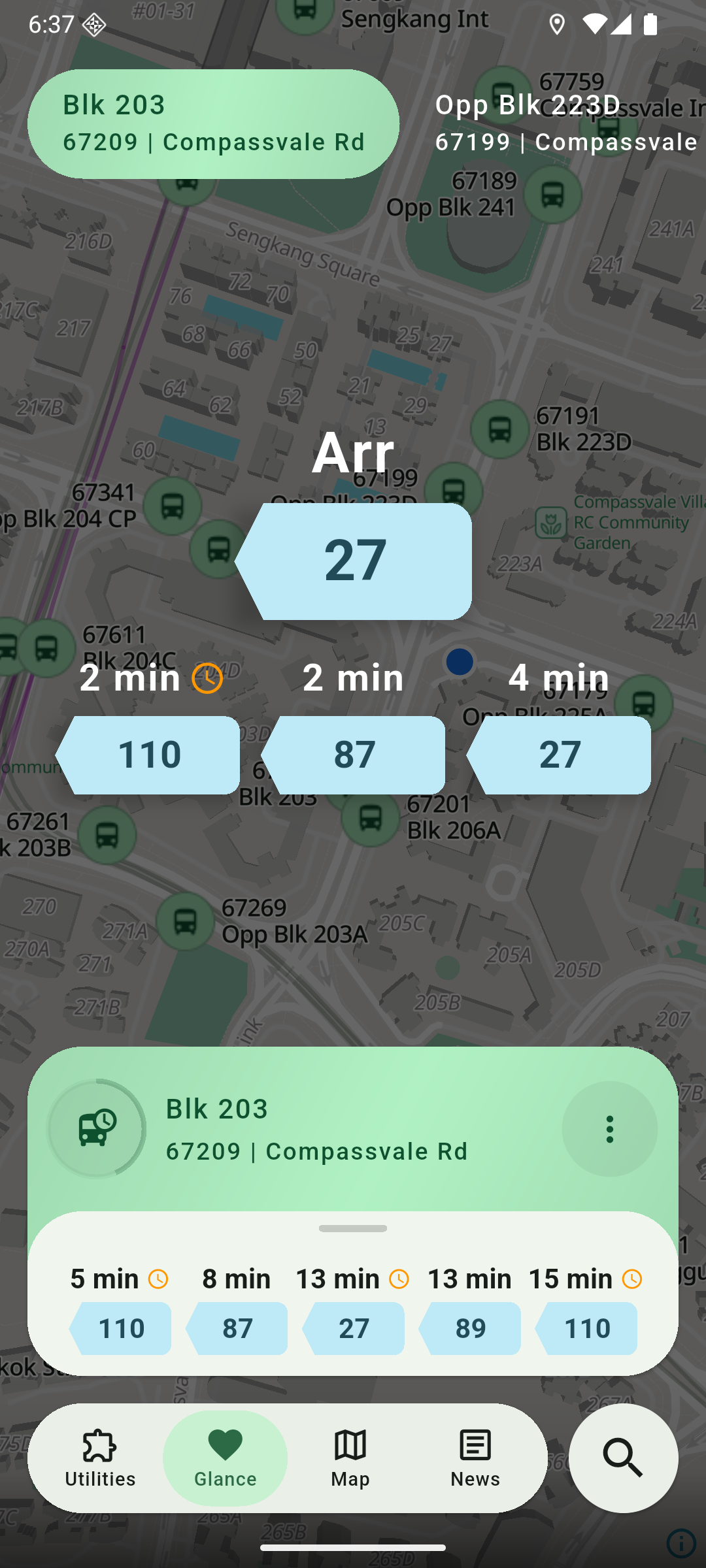 BusAhead SG Glance showing nearby bus arrival times