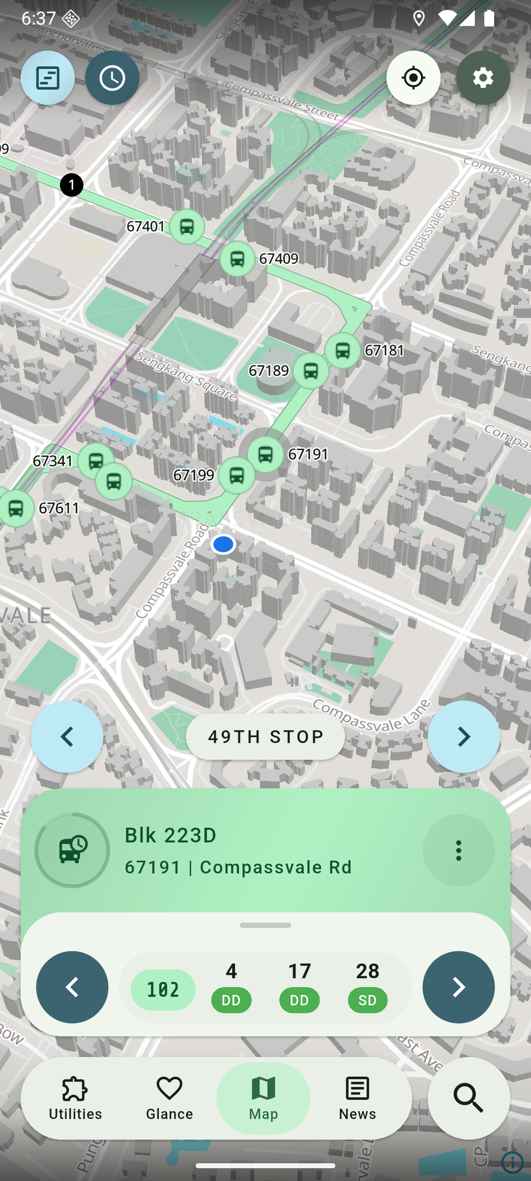 BusAhead SG map with bus routes and stop details